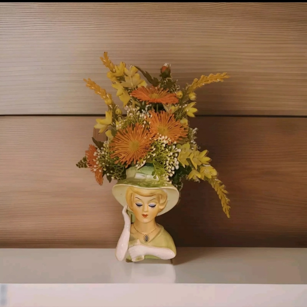 Vtg 1950s Lefton #1736 Lady Head Planter Vase Original Faux Flower Arrangement